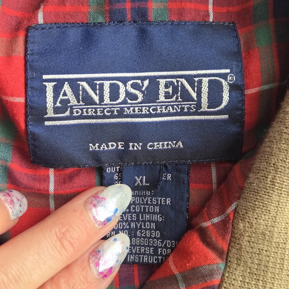 Vintage Lands' End Harrington Jacket XL Tall Tan Plaid Lined Full Zip Bomber - Picture 6 of 9